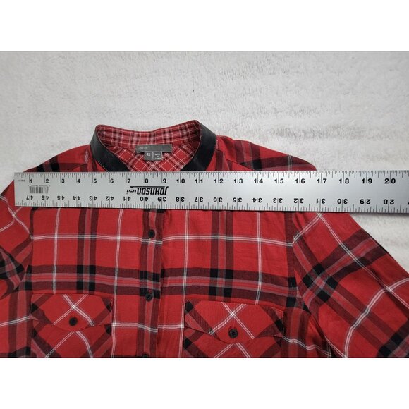 Vince Womens Red Plaid Long Sleeve Button-Up Shirt Size 12 Black Leather Trim - Picture 6 of 8